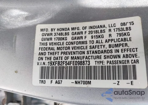 2015 Honda Civic Lx из США, поврежденный, VIN 19XFB2F54FE098873